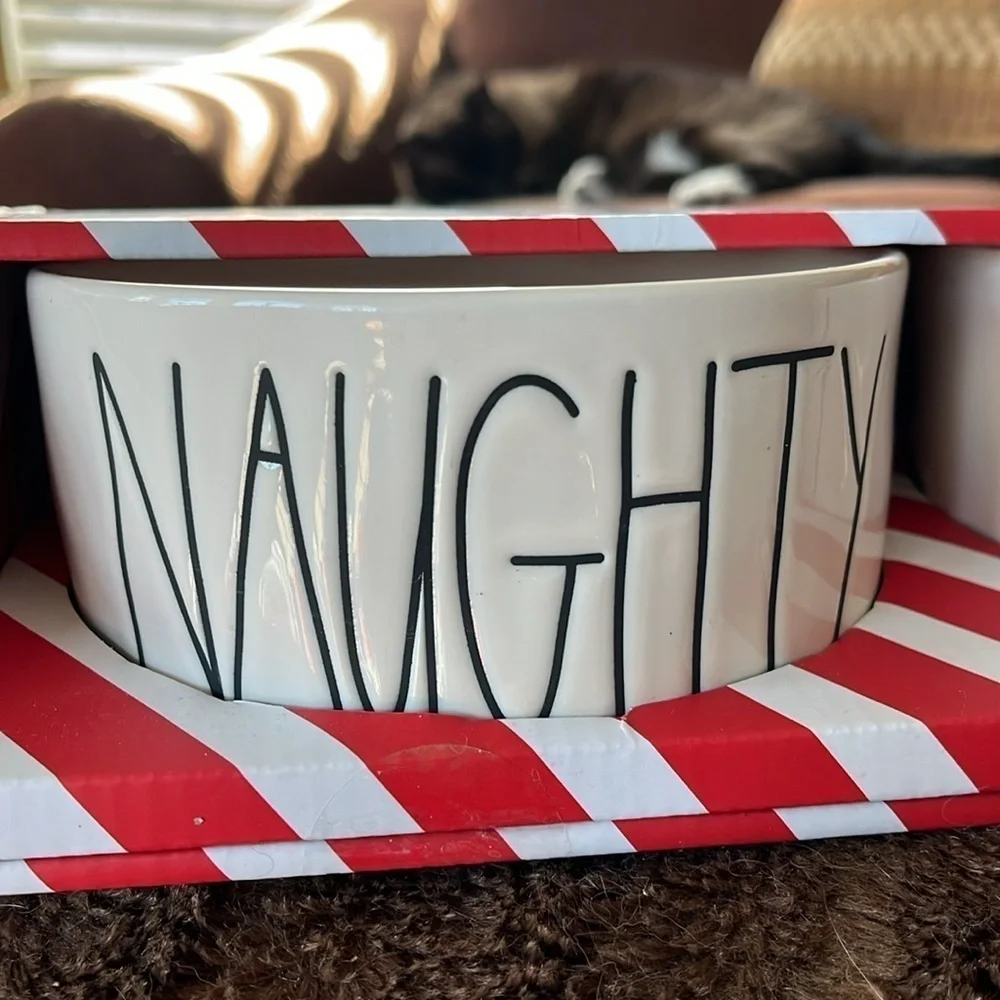 Brand New Rae Dunn 6” Dog Cat Pet Food Bowls Ceramic Naughty Nice Christmas